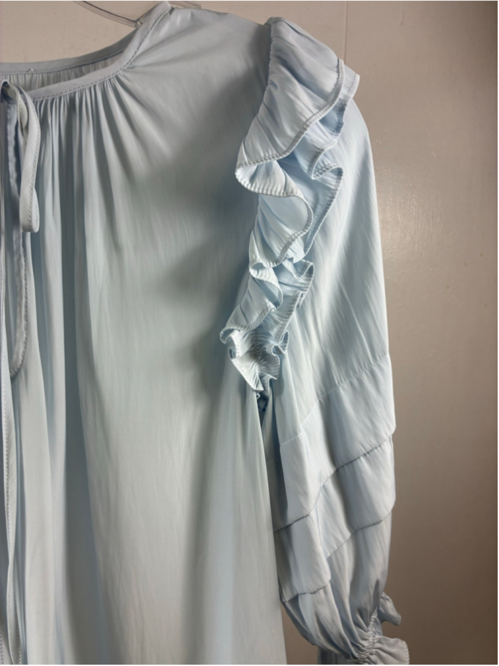 Ramy Brook Blouse Ruffle Sleeve Tie Neck in Light Blue Size S - Picture 5 of 8